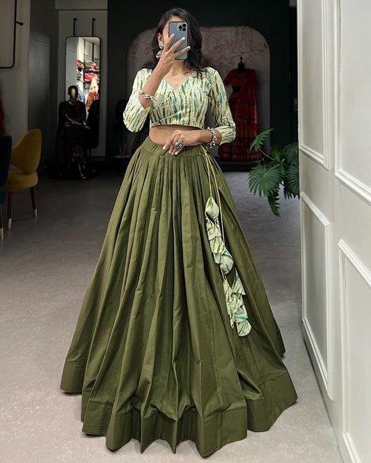 Mehndi Color Cotton Crop Top Navratri Lehenga Choli