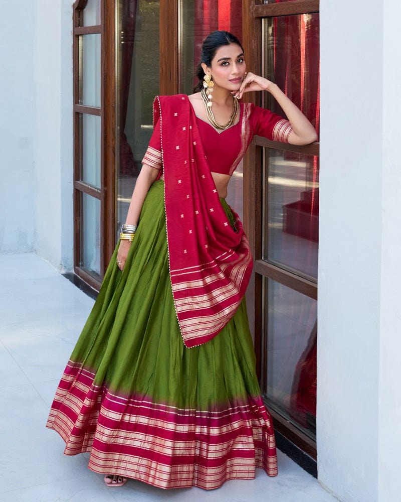 Mehndi Color Pure Chanderi Plain Lehenga Choli