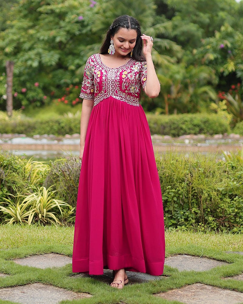 Rani Pink Color Faux Blooming Embroidered Gown