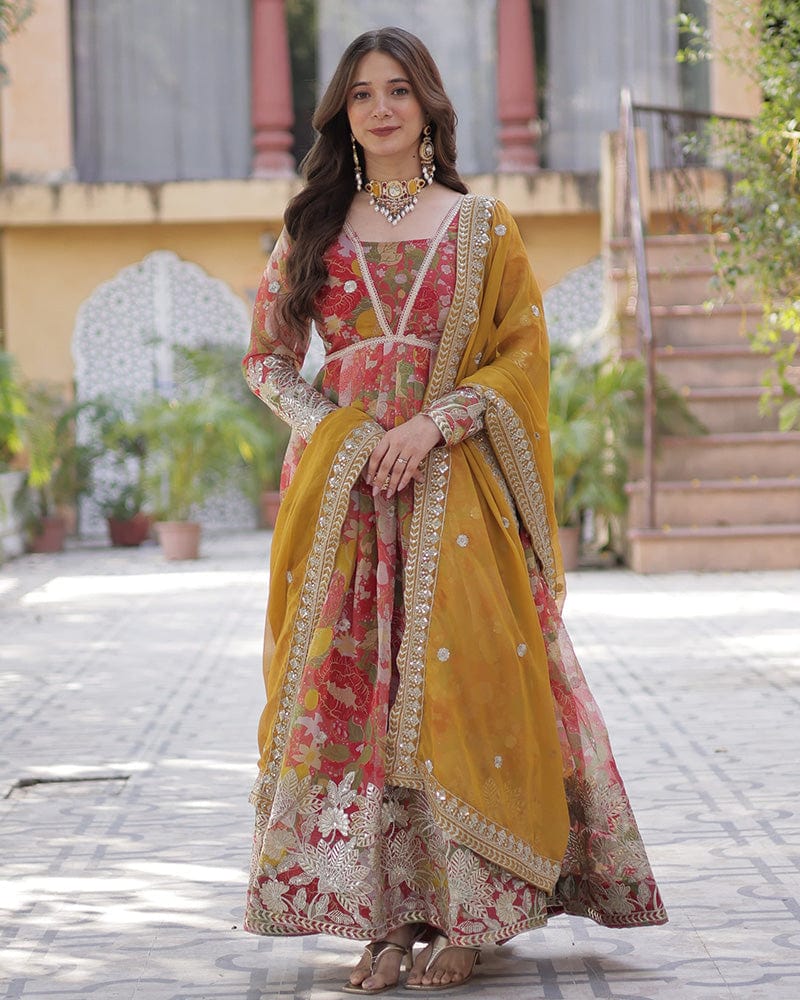Pinkish Red Color Alia Cut Embroidered Gown With Dupatta