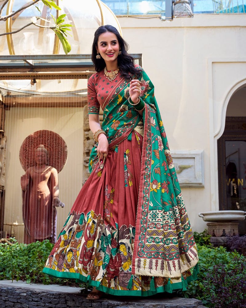 Orange Color Tussar Silk Kalamkari Printed Lehenga Choli