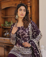Wine Color Three Piece Gharara Suit