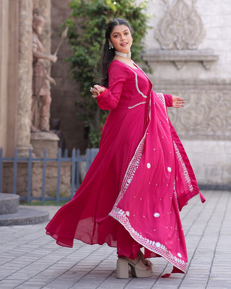 Rani Pink Embroidered Dupatta Anarkali Three Piece Suit