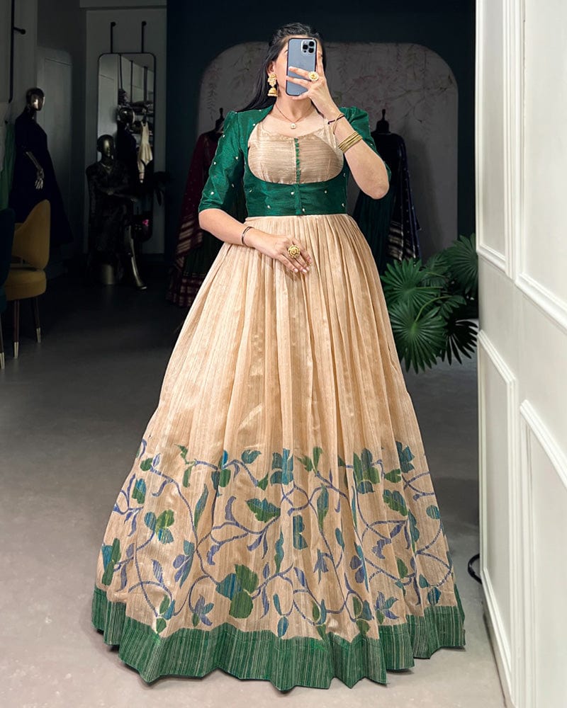 Green Color Green Silk Printed Gown With koti