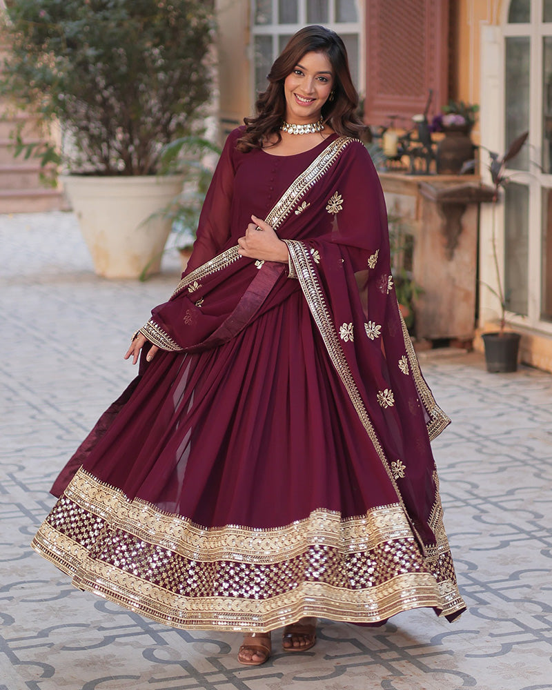Royal Maroon Color Faux Blooming Zari Embroidered Work Gown