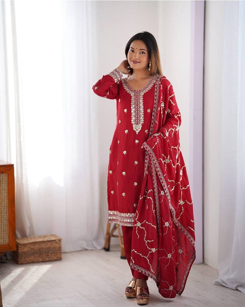 Red Color Chinon Silk Embroidered Three Piece Kurti Suit