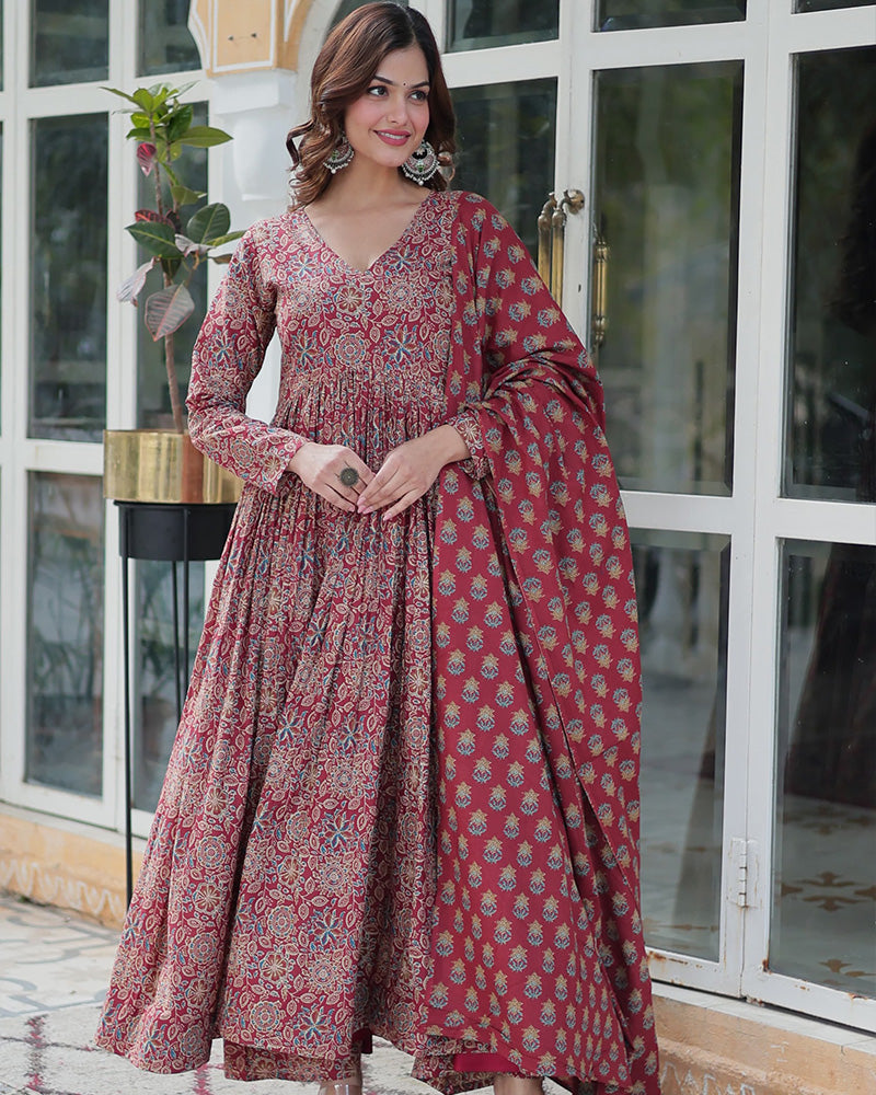 Premium Maroon Color Pure Cotton Kurti With Pant And Dupatta Set