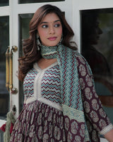 Coffee Brown Color Printed Pure Cotton Three Piece Kurti Suit