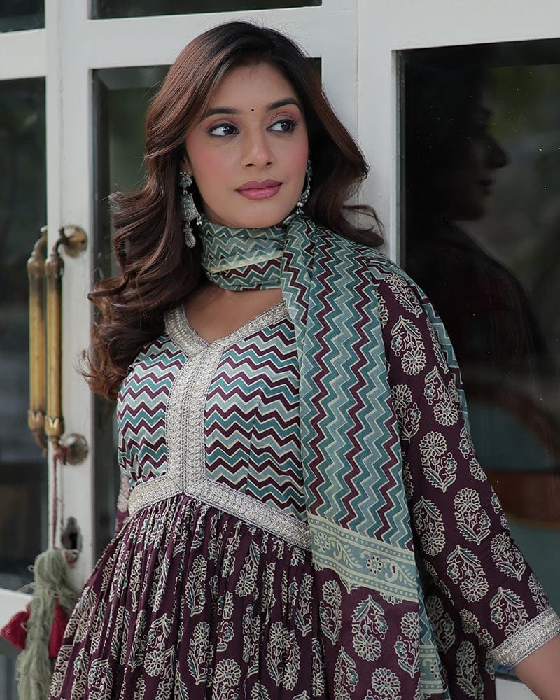 Coffee Brown Color Printed Pure Cotton Three Piece Kurti Suit