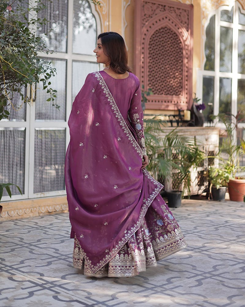 Onion Color Embroidered Viscose Cosmos Gown With Dupatta
