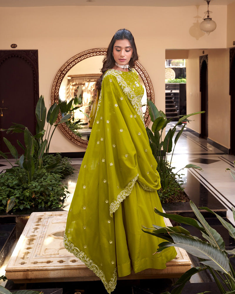 Parrot Green Color Star Georgette Embroidered Lehenga Choli