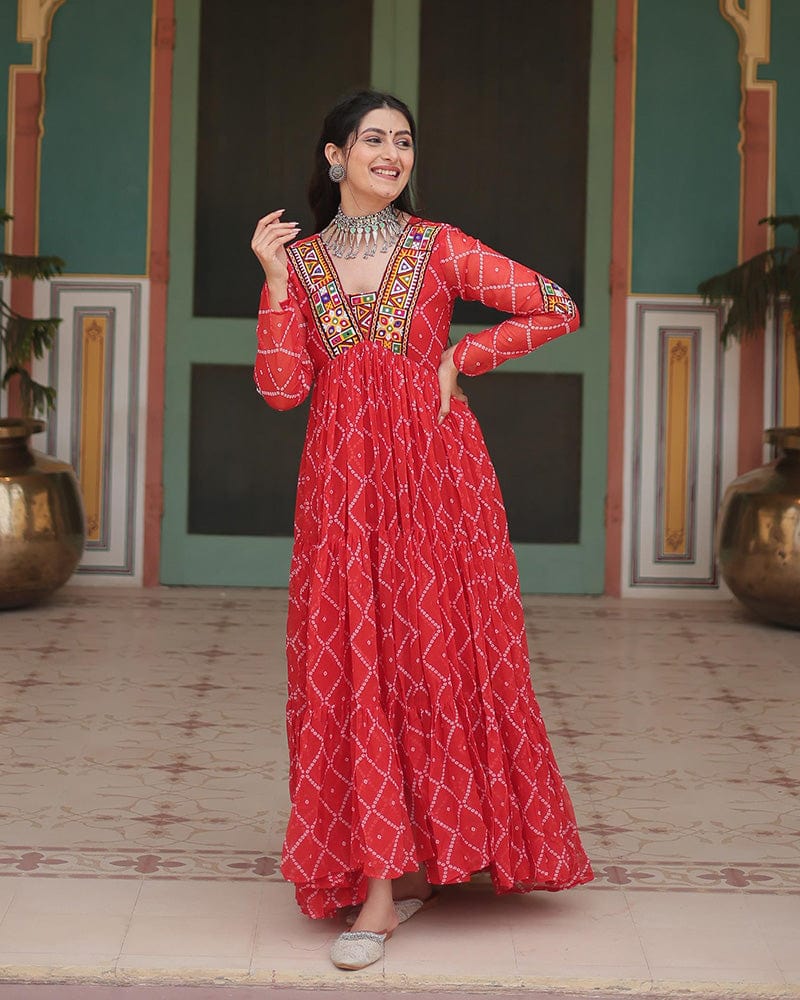 Orange Color Georgette Bandhej Print Navratri Gown