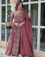 Premium Maroon Color Pure Cotton Kurti With Pant And Dupatta Set