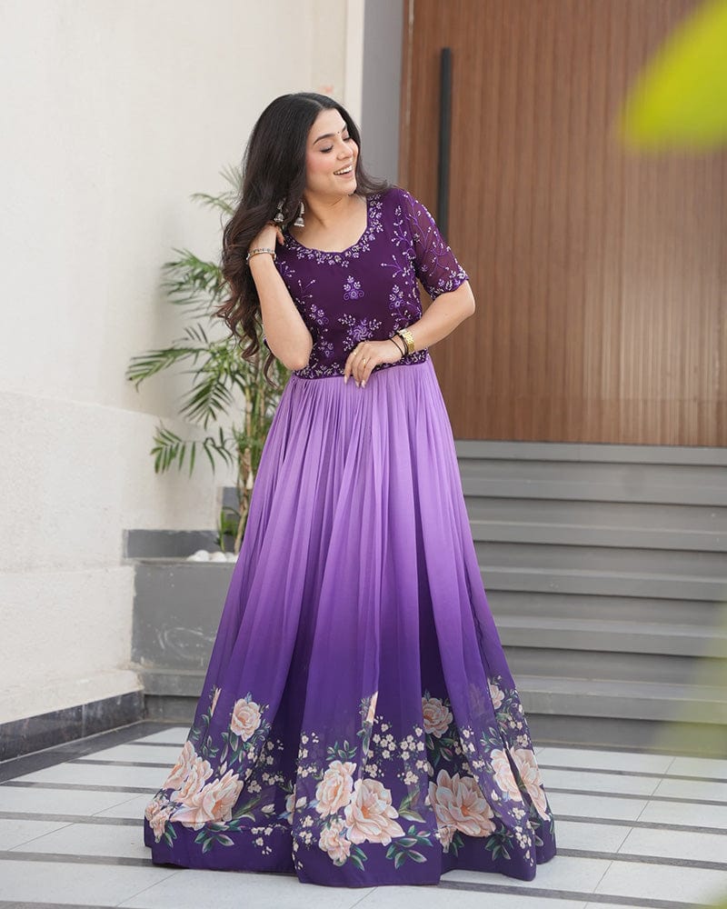 Purple Color Faux Blooming Embroidered work Gown
