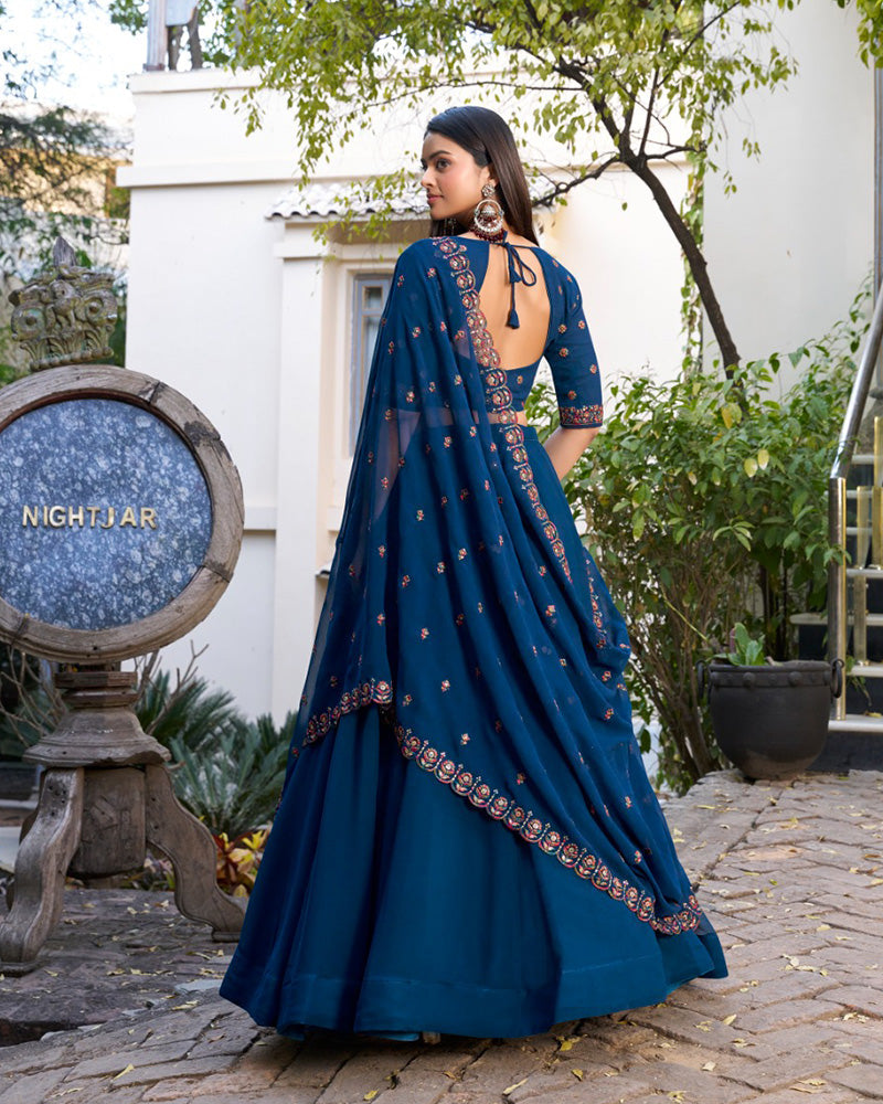 Firozi Color Georgette Embroidered Lehenga Choli
