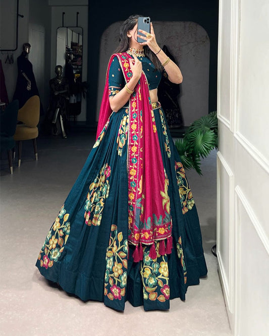Peacock Blue Color Tussar Silk Printed With Foil Work Lehenga Choli