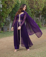 Western Designer Wine Color Georgette Three Piece Kurti Suit