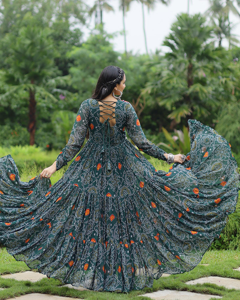 Green Color Georgette Kutchi Work Navratri Gown