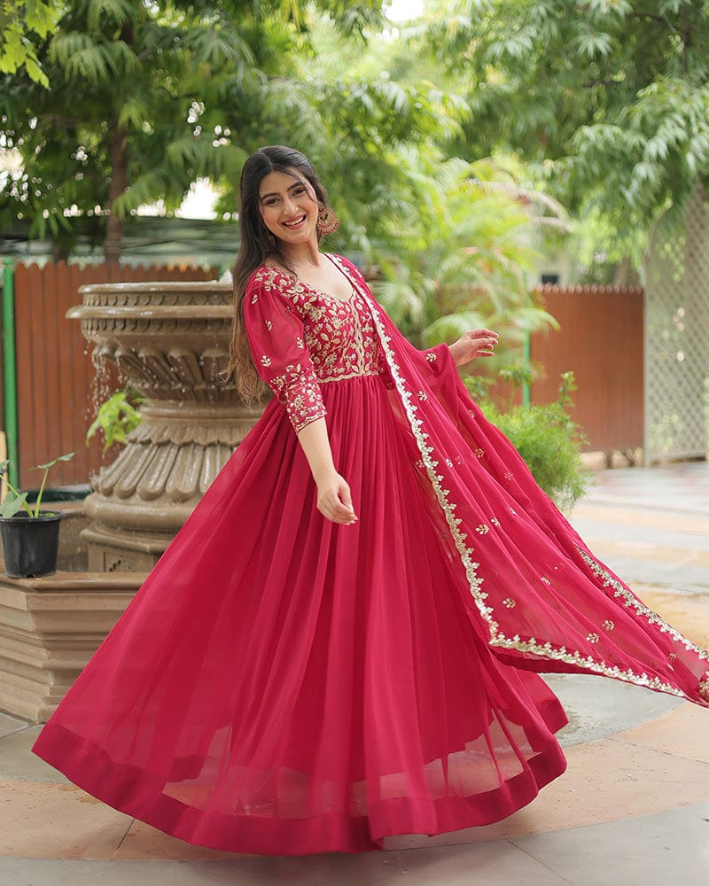 Rani Pink Color Faux Blooming Multi Embroidered Work Gown