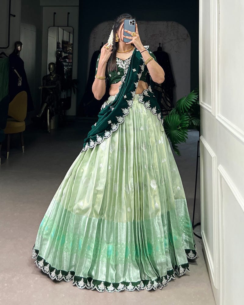 Pista Color Zari Kota Embroidered Lehenga Choli