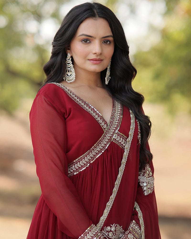 Wedding Wear Embroidered Maroon Color Alia Cut Gown With Dupatta