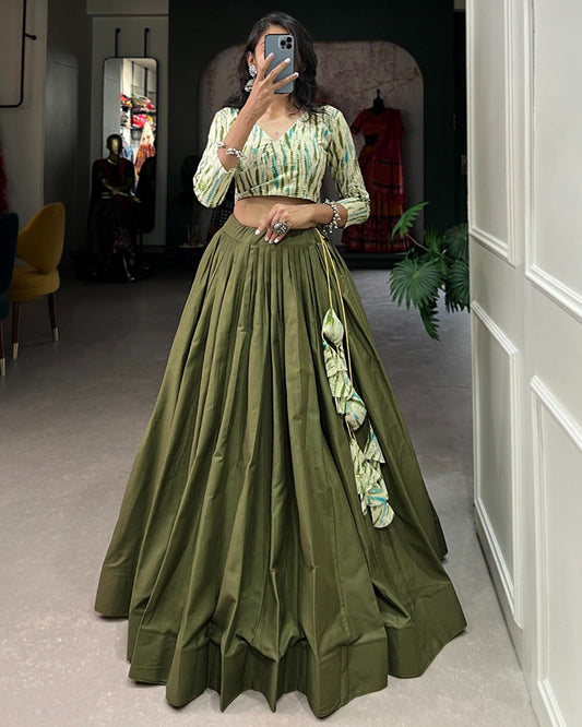 Mehndi Color Cotton Crop Top Navratri Lehenga Choli