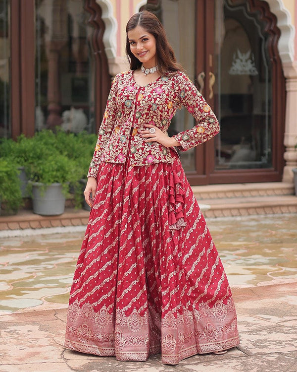 Dark Maroon Color Viscose jacquard Crop Top Lehenga Choli
