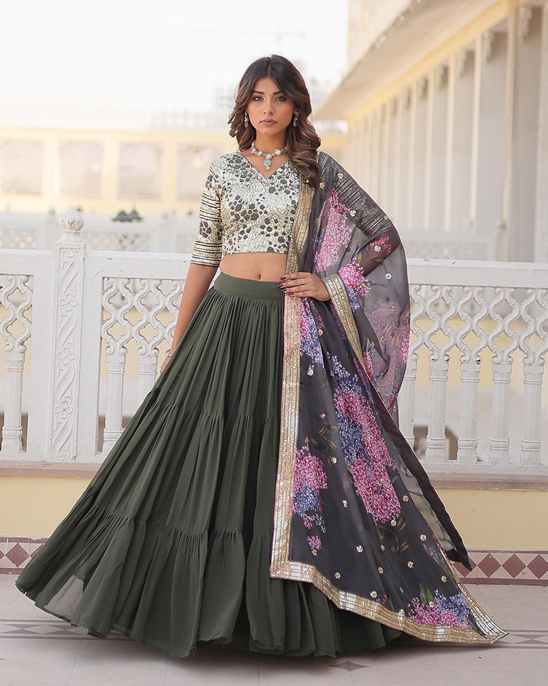 Mehndi Color Faux Georgette Frill Style Lehenga Choli