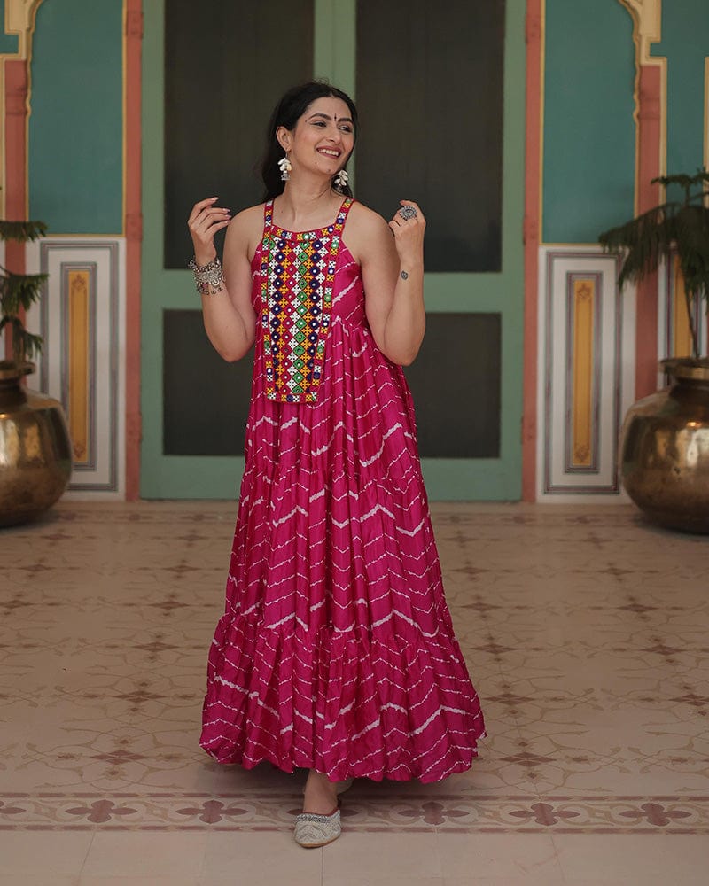 Rani Pink Color Chinon Laheriya Print Navratri Gown