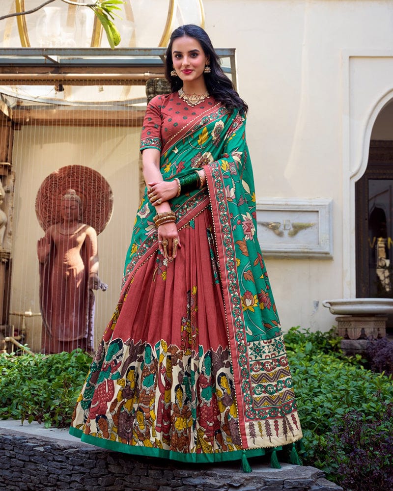 Orange Color Tussar Silk Kalamkari Printed Lehenga Choli