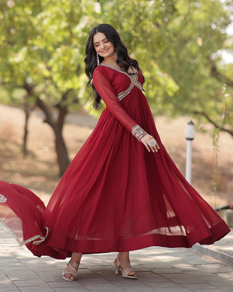 Wedding Wear Embroidered Maroon Color Alia Cut Gown With Dupatta