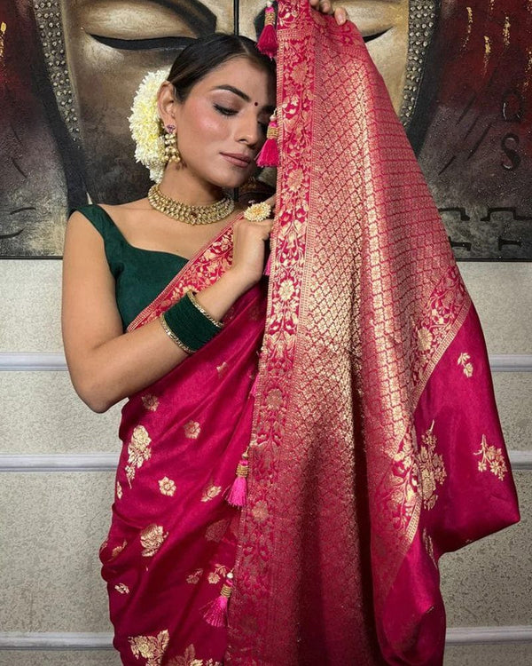 Rani Pink Color Big Flower Design Banarasi Soft Silk Saree