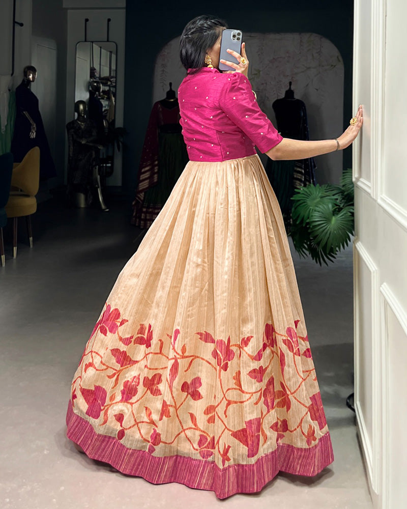 Pink Color Green Silk Printed Gown With koti