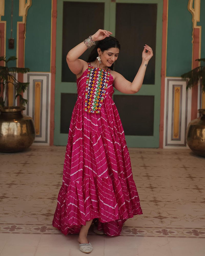 Rani Pink Color Chinon Laheriya Print Navratri Gown