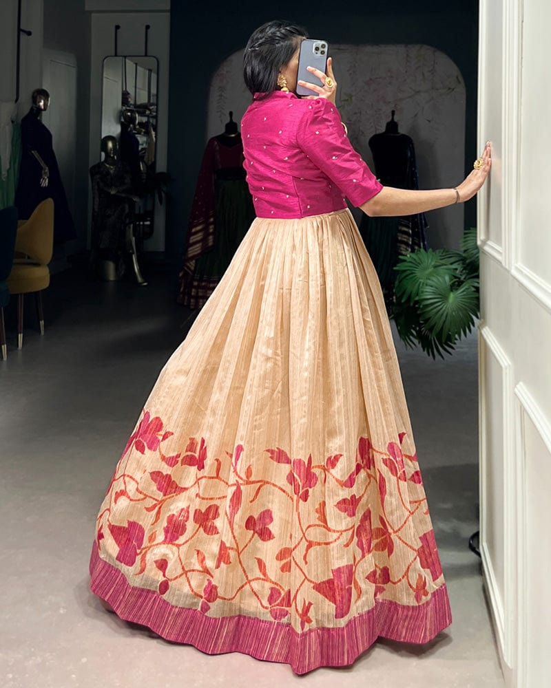 Pink Color Green Silk Printed Gown With koti