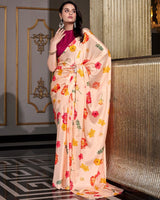 Cream Color Satin Silk Printed Saree