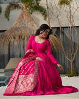 Rani Pink Color Pure Chanderi Silk Frill Style Anarkali Suit