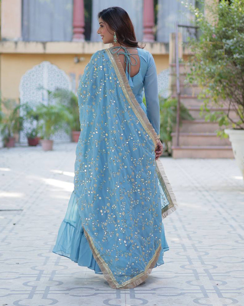 Sky Color Star Georgette Gown With Embroidered Dupatta