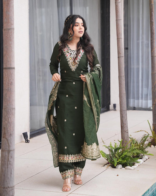 Green Color Roman Silk Embroidered Three Piece Kurti Suit