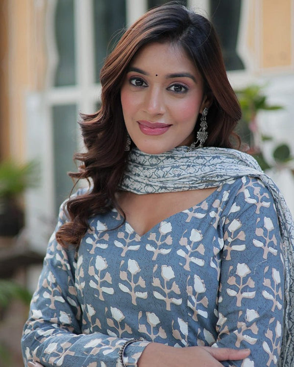 Gray Color Printed Pure Cotton Three Piece Kurti Suit
