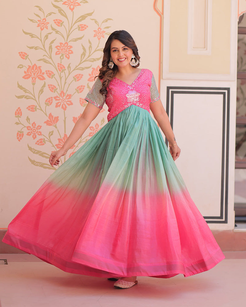 Pink Color Gold Crush Embroidered work Gown