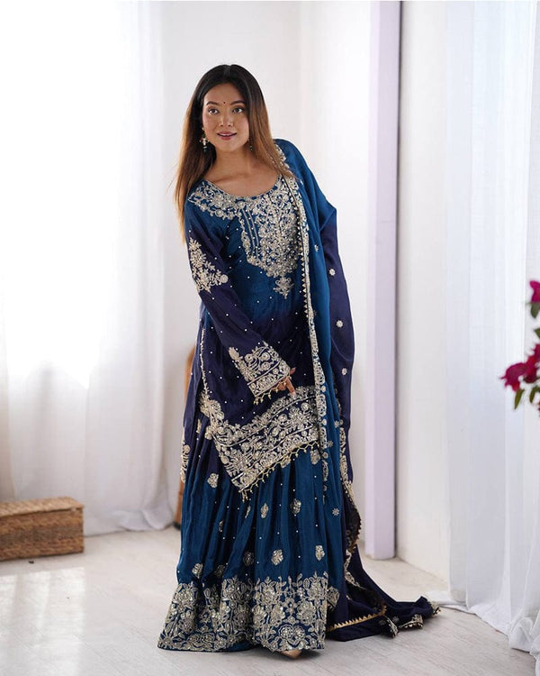 Royal Blue Color Chinnon Sequence Work Plazzo Suit