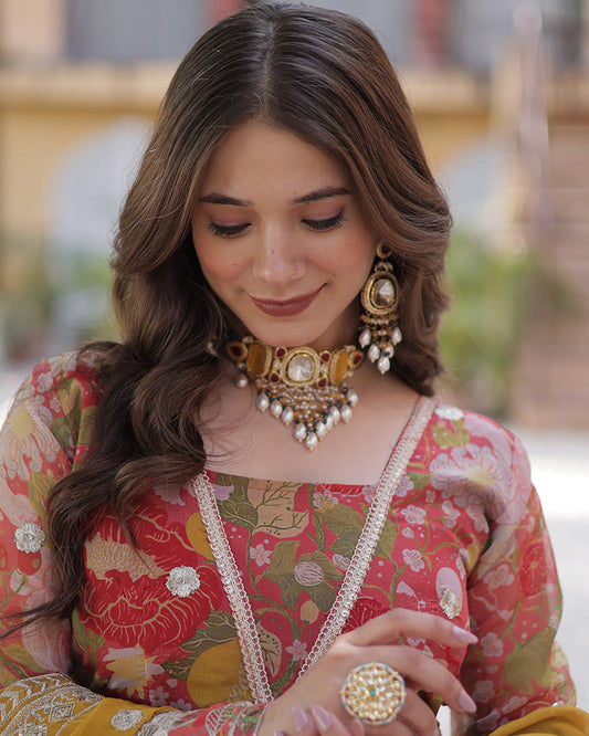 Pinkish Red Color Alia Cut Embroidered Gown With Dupatta