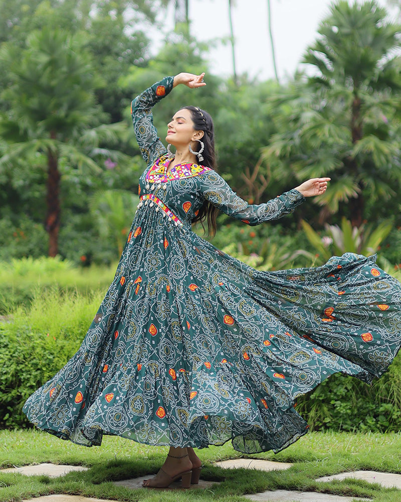 Green Color Georgette Kutchi Work Navratri Gown