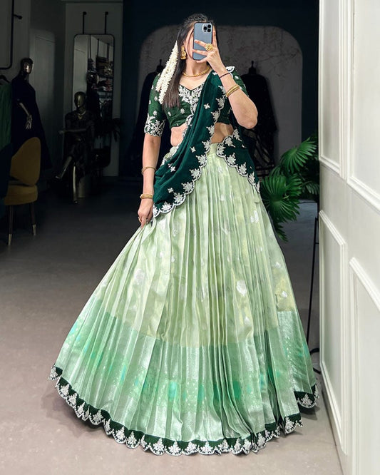 Pista Color Zari Kota Embroidered Lehenga Choli