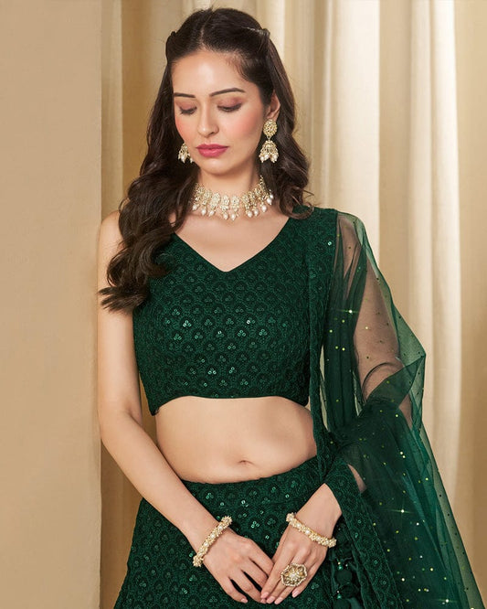 Green Color Georgette Embroidered Lehenga Choli With Dupatta