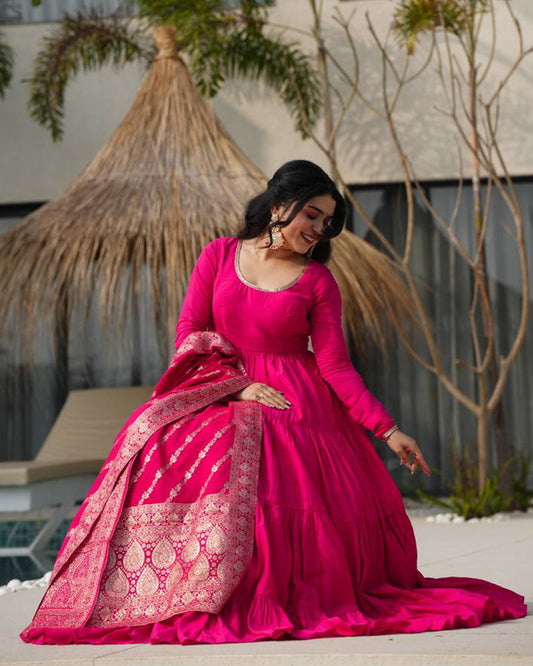 Rani Pink Color Pure Chanderi Silk Frill Style Anarkali Suit