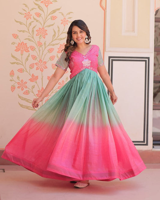 Pink Color Gold Crush Embroidered work Gown