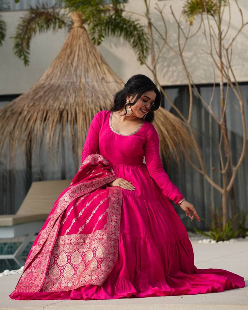 Rani Pink Color Pure Chanderi Silk Frill Style Anarkali Suit