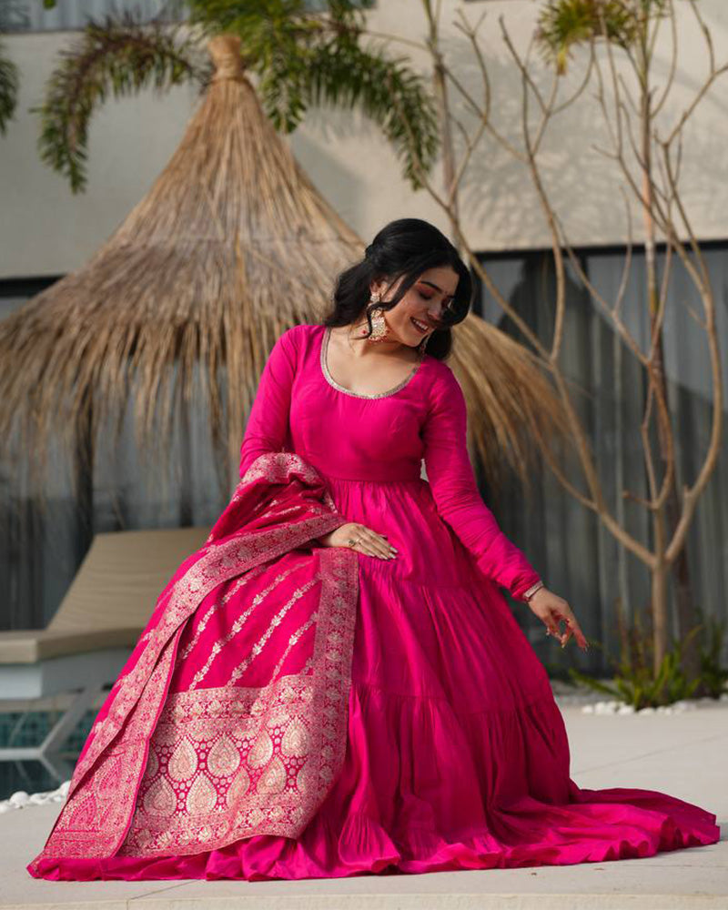 Rani Pink Color Pure Chanderi Silk Frill Style Anarkali Suit